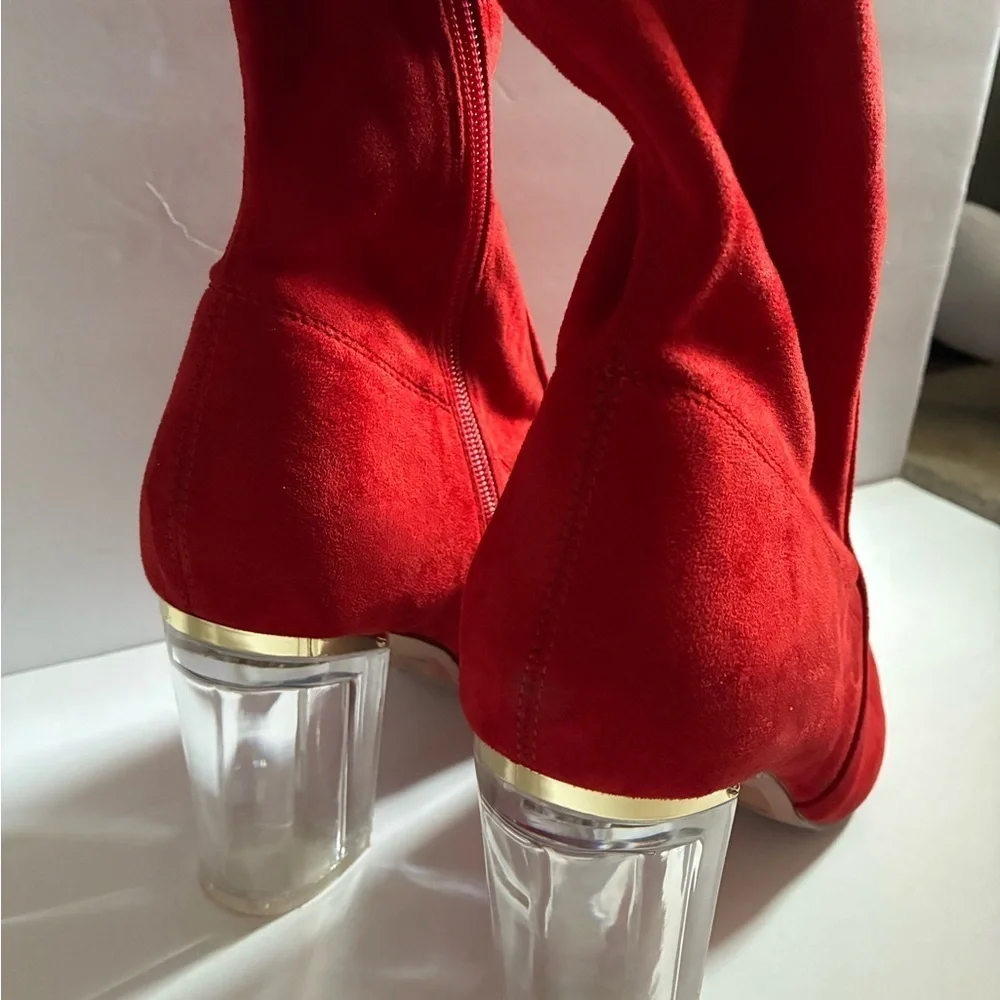 Red Suede Women's Boots with Clear Heels